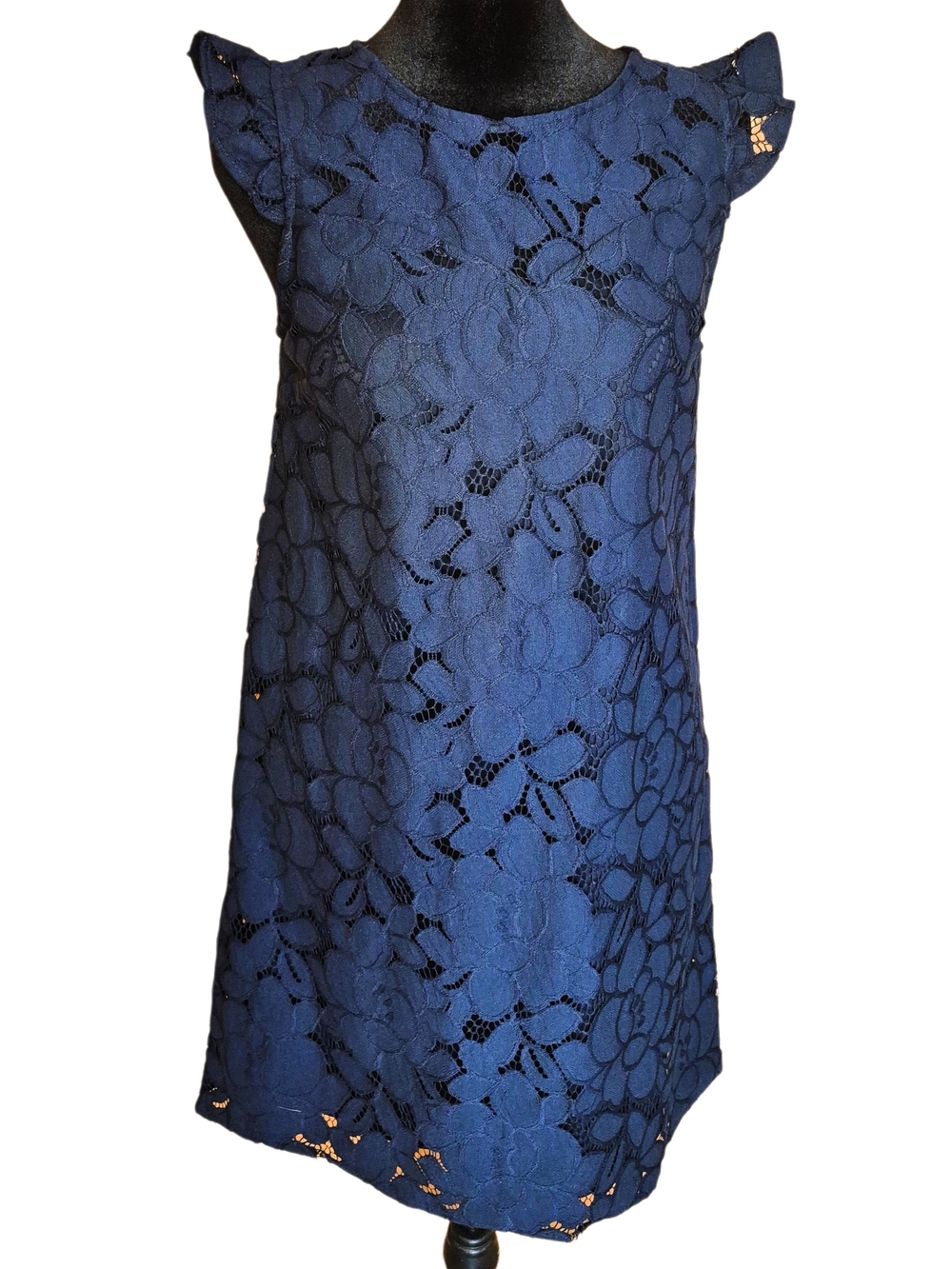NWT Monteau Navy Blue Floral Lace Shift Dress Small Ruffle Sleeve Mini Dress